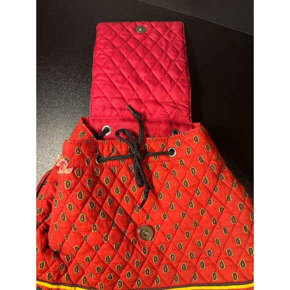 Vintage Red Quilted Cotton Backpack Purse Folk Floral Drawstring Tote Bag 13" - Picture 5 of 9